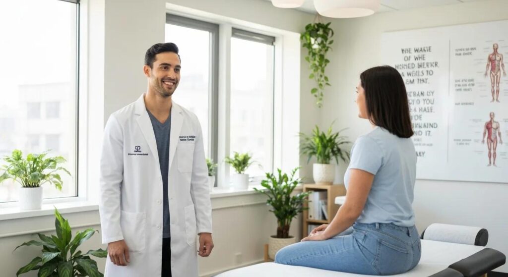 Bright and welcoming interior of a chiropractic clinic with a chiropractor consulting with a patient