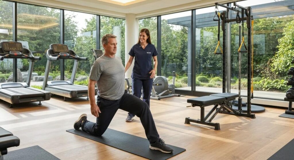 A patient actively engaged in corrective exercises under the supervision of a chiropractor in a rehabilitation setting