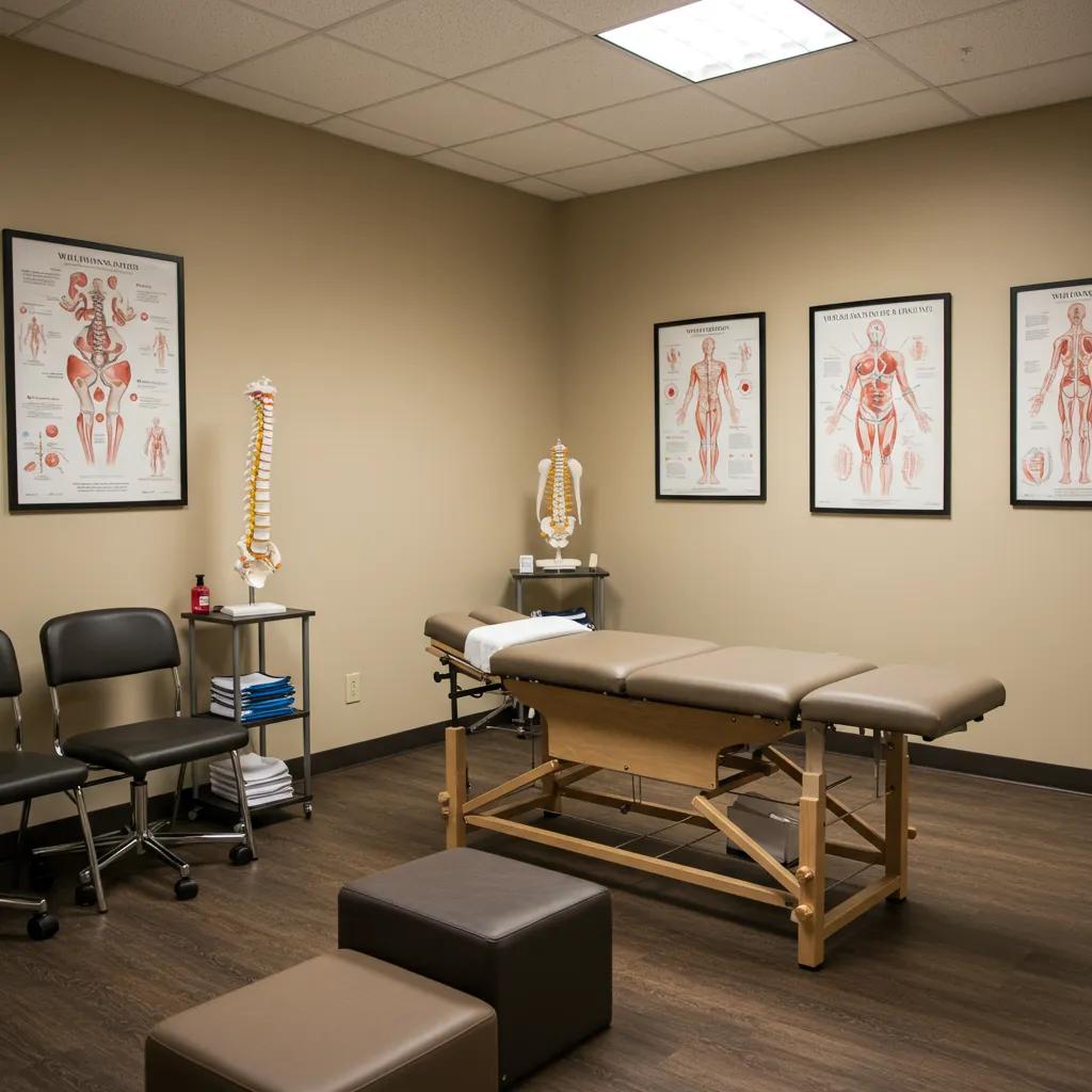 Interior view of a modern chiropractic clinic with treatment areas and wellness elements