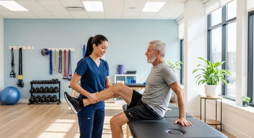Physical therapist assisting a patient with therapeutic exercises in a bright clinic