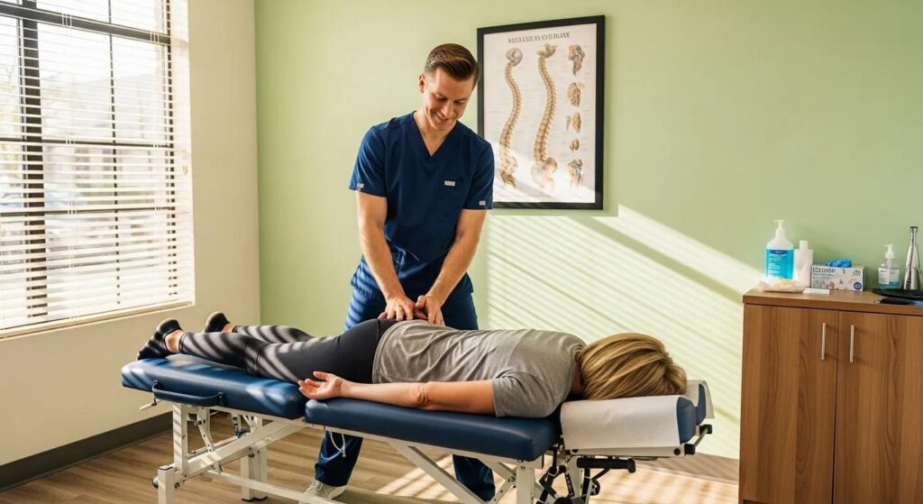 Chiropractic clinic interior with treatment room and chiropractor assisting a patient