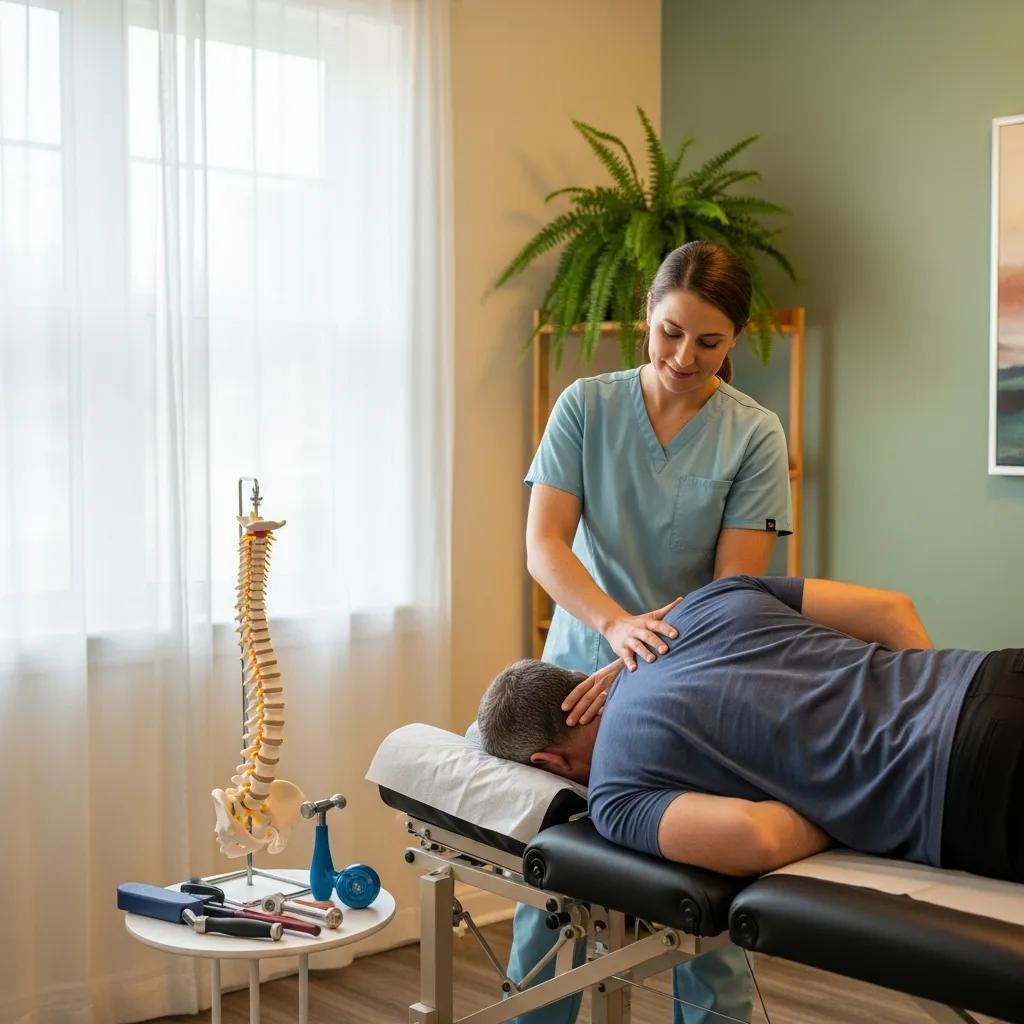 Chiropractor adjusting a patient's spine in a welcoming clinic environment