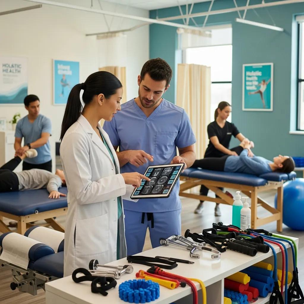 Chiropractor and physical therapist collaborating on a patient's treatment plan in a modern clinic