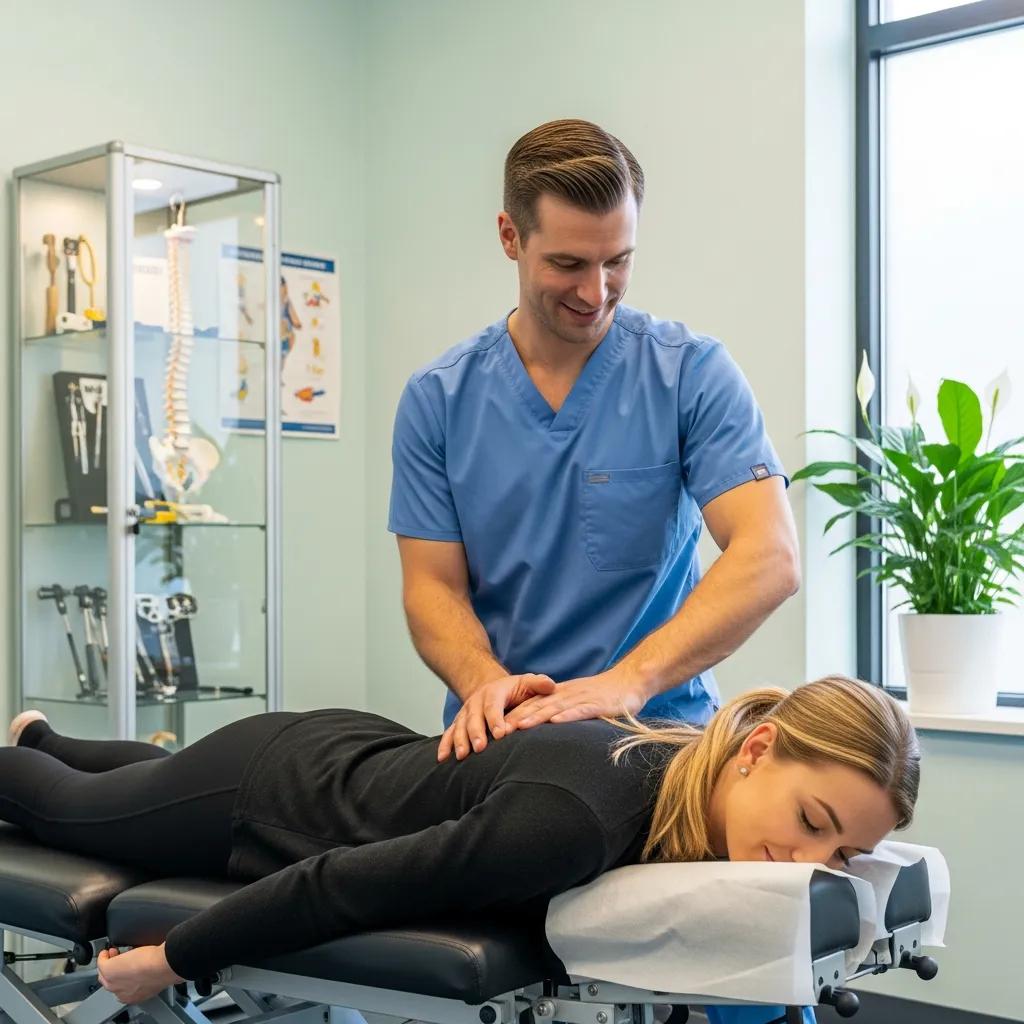 Chiropractor performing a spinal adjustment in a modern clinic