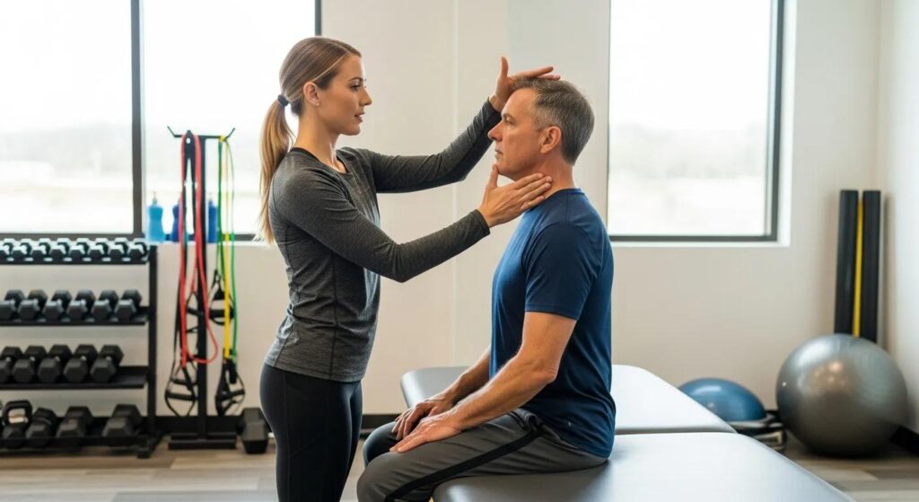 Fitness instructor demonstrating neck rehabilitation exercises with a patient