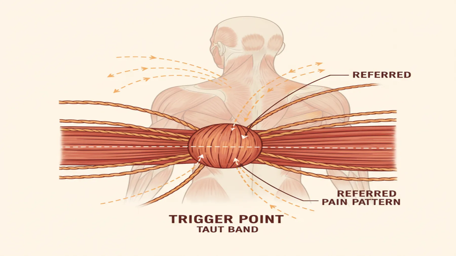 Anatomical diagram showing muscle trigger point with taut band and referred pain pattern