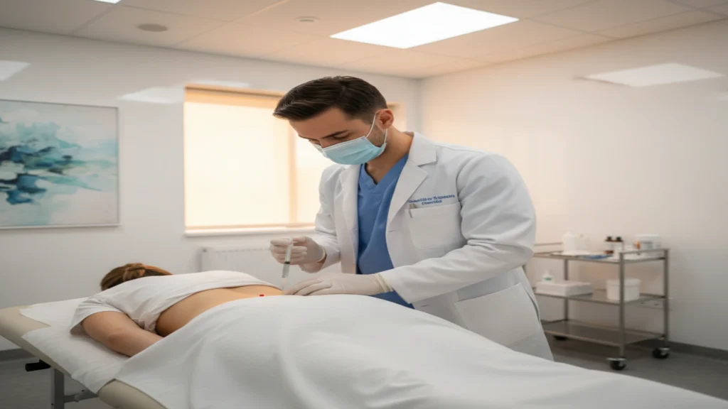 Healthcare provider performing trigger point injection on patient lower back at Aligned Integrated Health