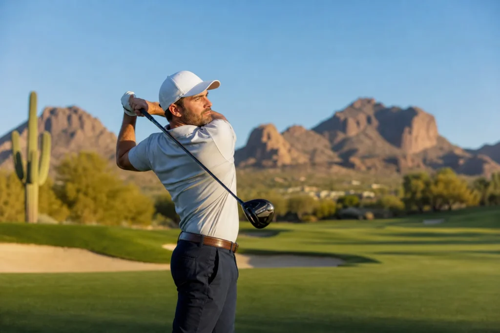 Scottsdale golfer in mid-swing demonstrating the rotational demands that cause golf and back pain