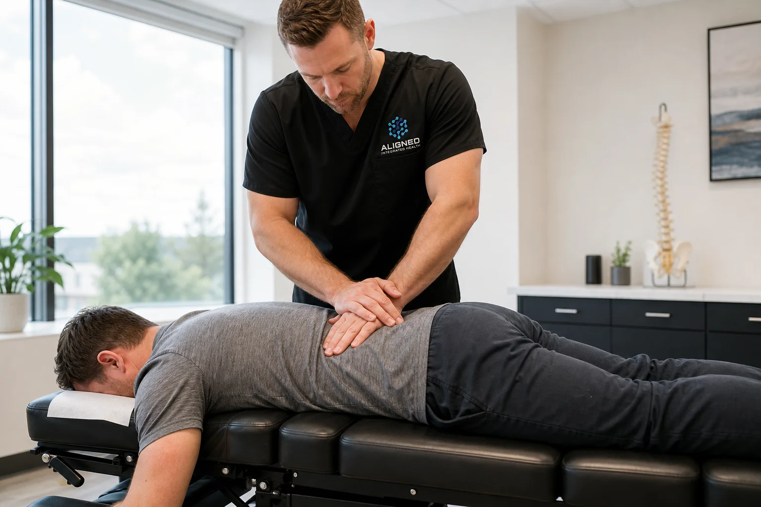 Chiropractor performing a spinal adjustment on a patient with golf-related lower back pain in a bright modern clinic
