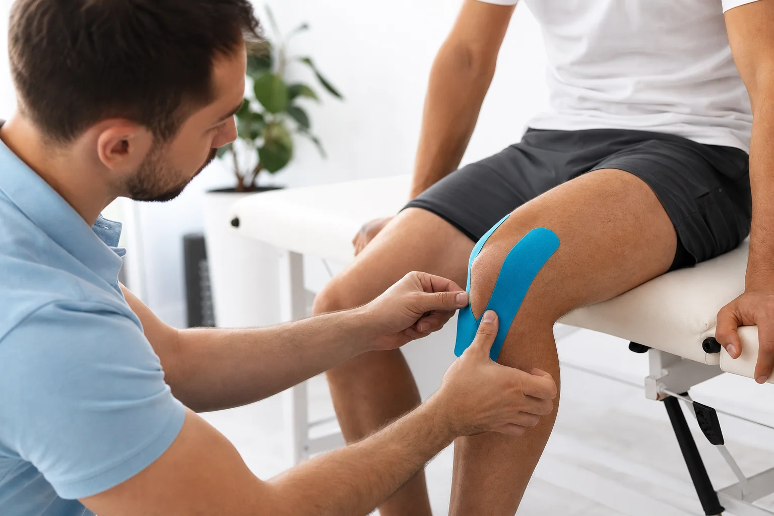 Sports medicine chiropractor applying kinesio taping to an athlete's knee during sports injury treatment