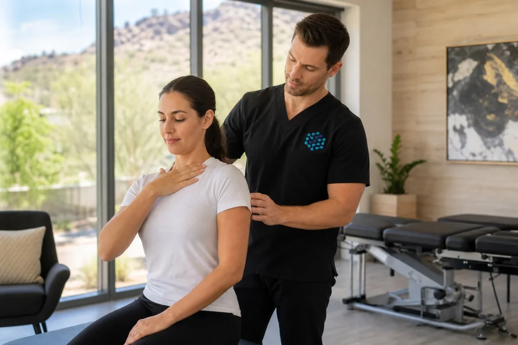 Chiropractor helping an office worker with desk job back pain through posture correction in a Scottsdale chiropractic clinic