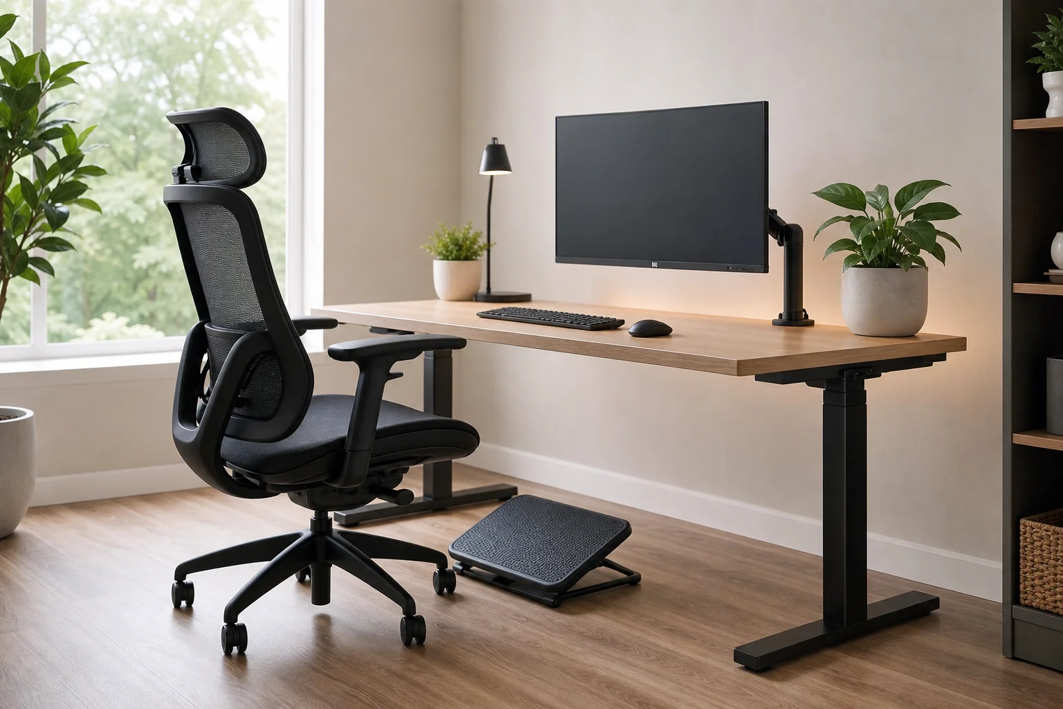 Ergonomic office desk setup with monitor at eye level and lumbar-supported chair promoting good posture for lower back health