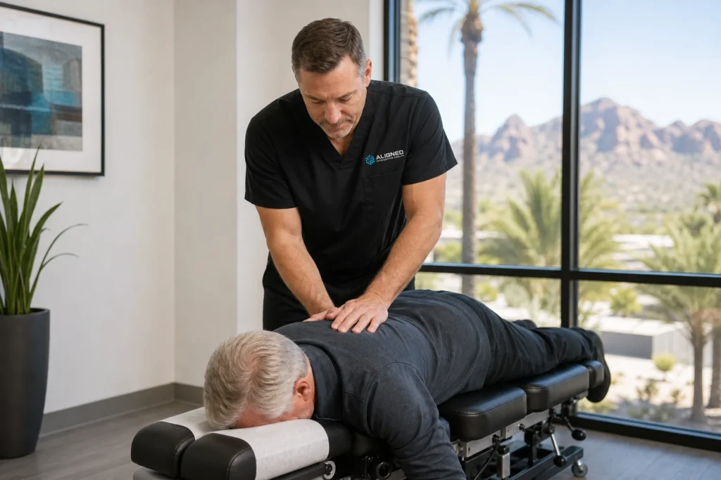 Senior patient receiving gentle chiropractic care adjustment in a modern Scottsdale clinic