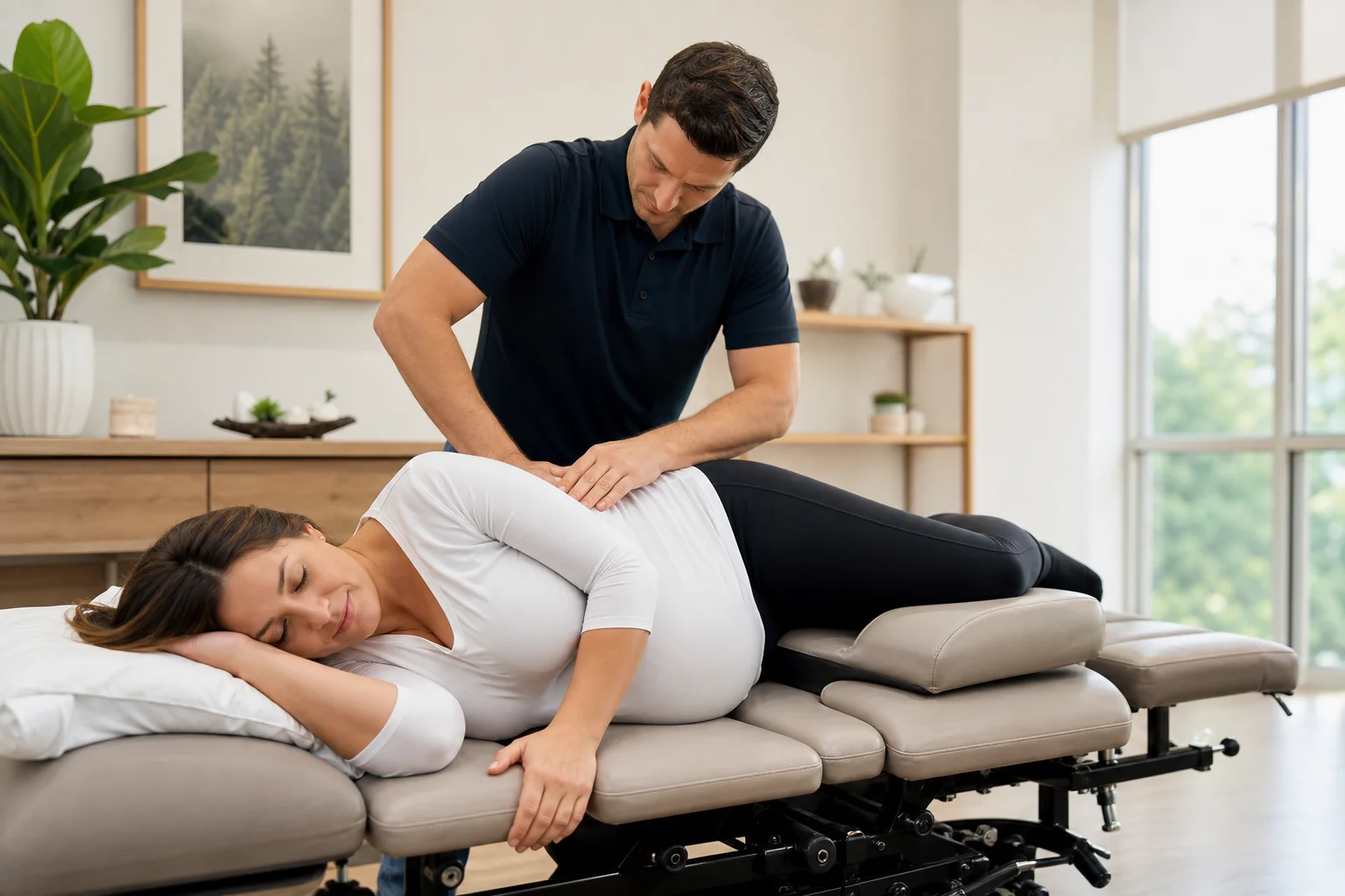 A chiropractor performing a gentle sacral adjustment on a pregnant woman lying comfortably on a specialized pregnancy chiropractic table in a bright, welcoming clinic room with warm natural light