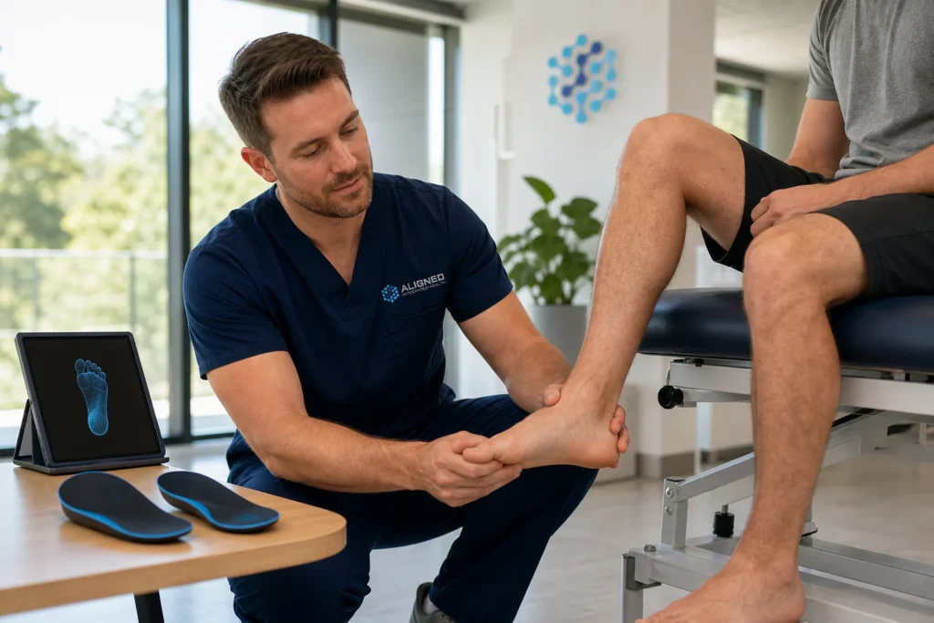 Integrative health specialist examining a patient's foot arch during a gait assessment for custom foot orthotics in Scottsdale