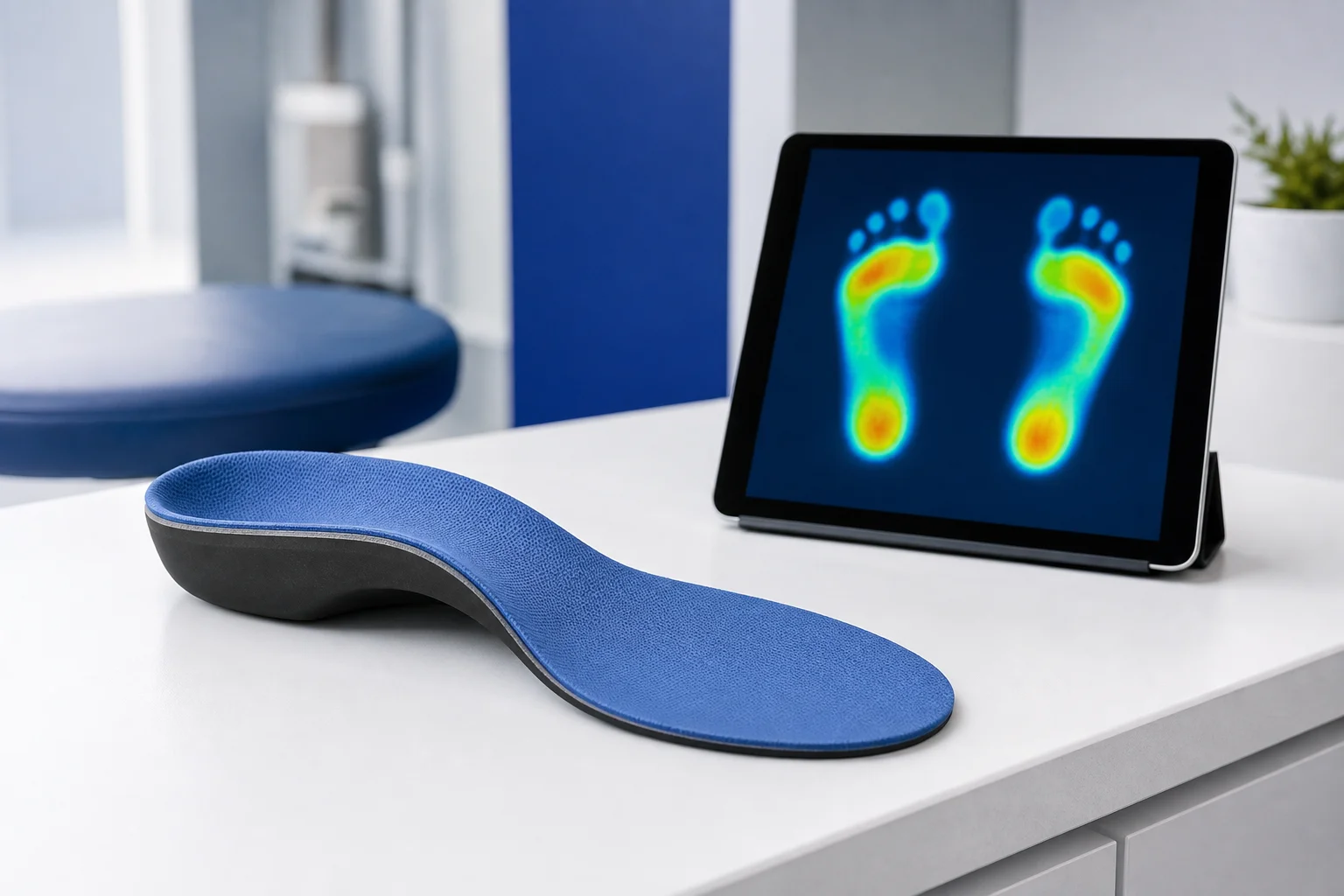 Close-up of a custom orthotic insole beside a digital foot scan on a tablet in a clinical setting