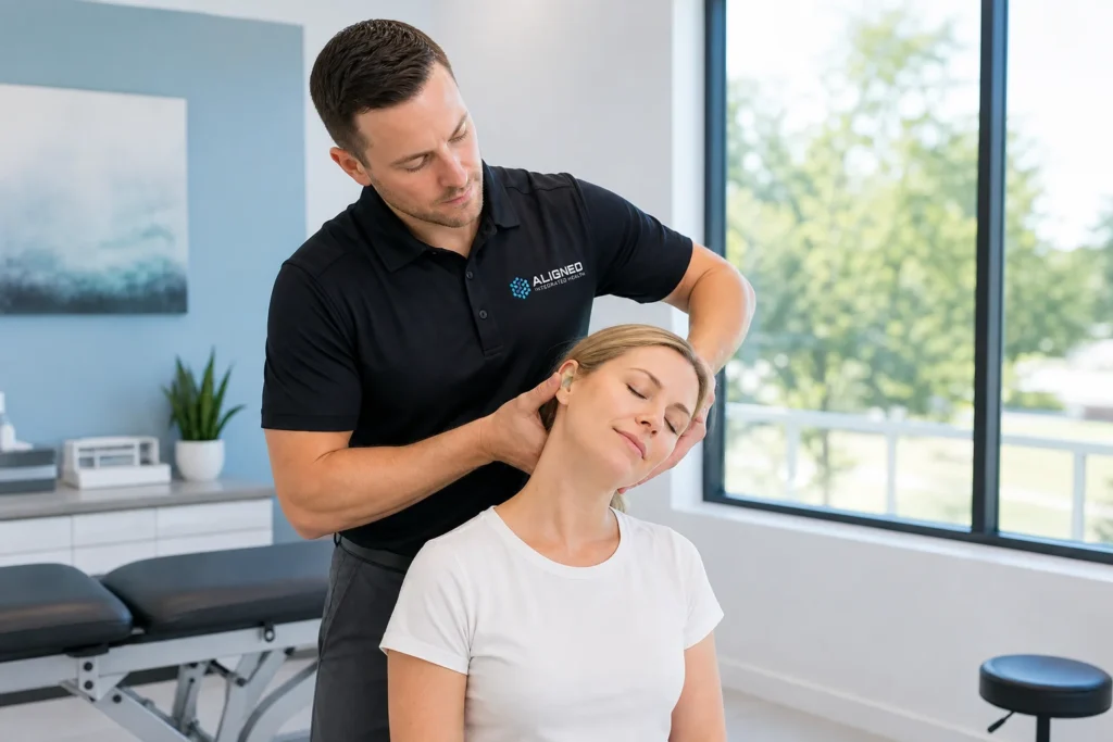 Chiropractor providing headache and migraine relief through chiropractic alignment in Scottsdale during a neck adjustment