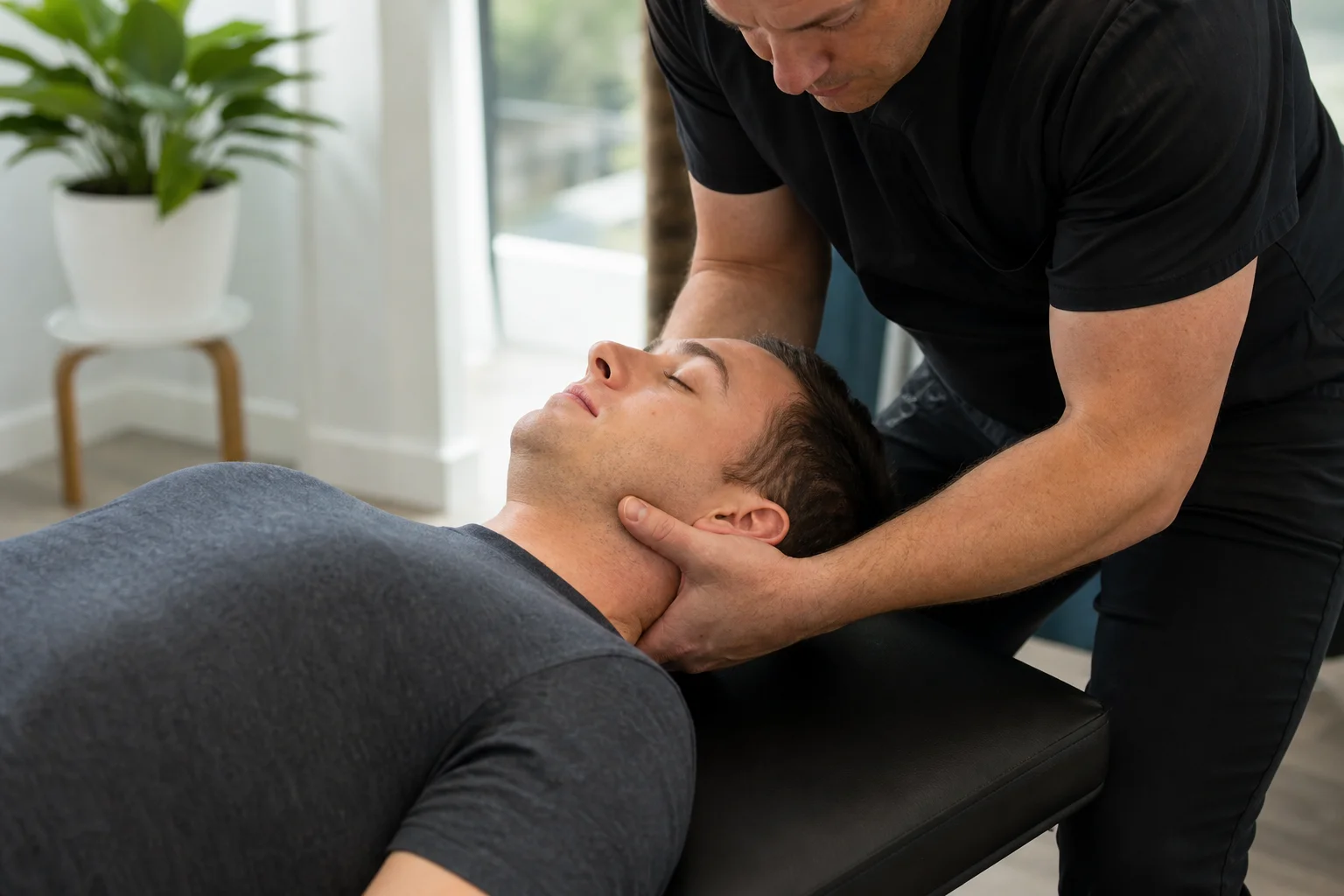 Chiropractor performing a gentle upper cervical adjustment on a patient lying face up on a treatment table in a bright modern clinic