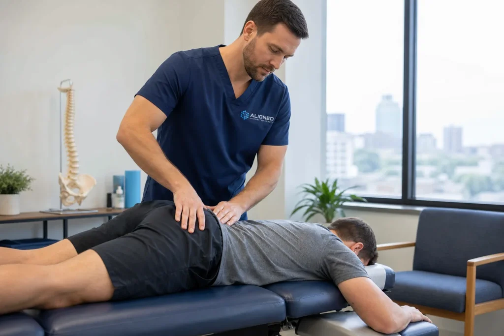 Chiropractor assessing a patient's lower back to provide sciatica relief in Scottsdale