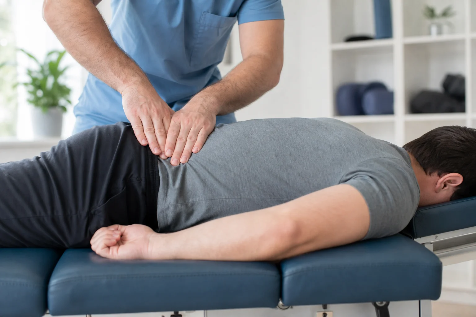 Chiropractor performing a gentle spinal adjustment on a patient's lower back to relieve sciatic nerve pressure