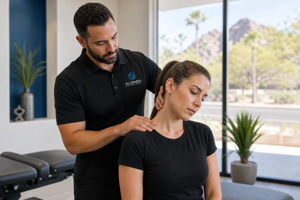Auto accident chiropractor in Scottsdale examining a patient's neck during an injury consultation