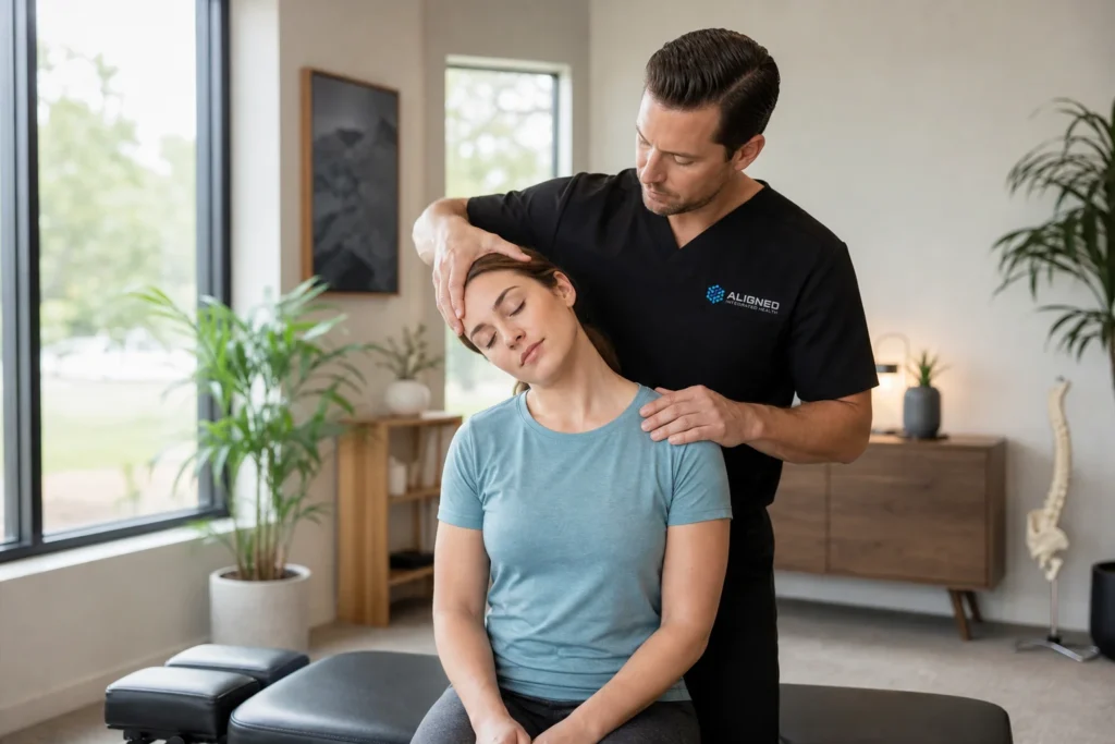 Chiropractor performing a spinal adjustment on a patient in a bright clinic, illustrating care for an Arizona workers comp claim
