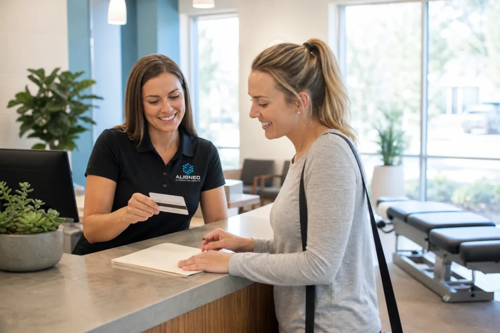Front desk staff member helping a patient review insurance coverage for chiropractic care at an Arizona clinic