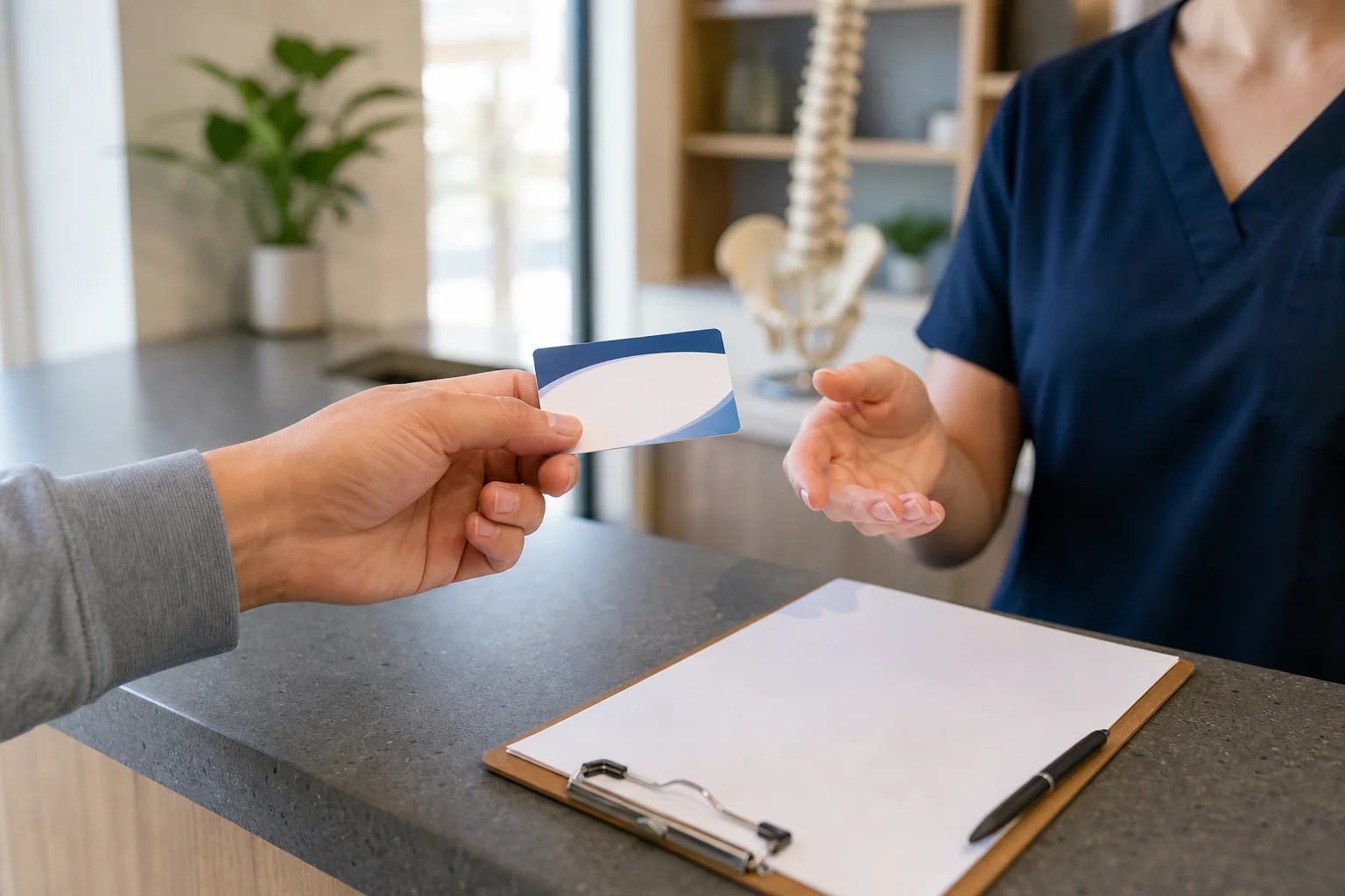Front desk staff member reviewing an insurance card and benefits checklist with a patient at a chiropractic clinic reception counter