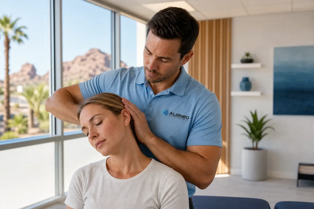 Chiropractor performing a gentle neck adjustment during whiplash treatment in Scottsdale clinic