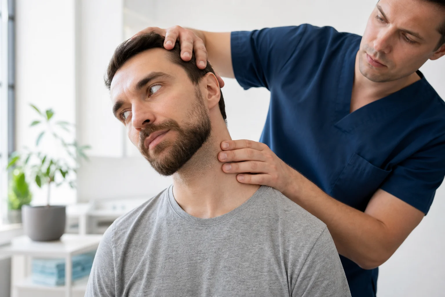 Chiropractor gently checking a patient's neck range of motion during a whiplash evaluation
