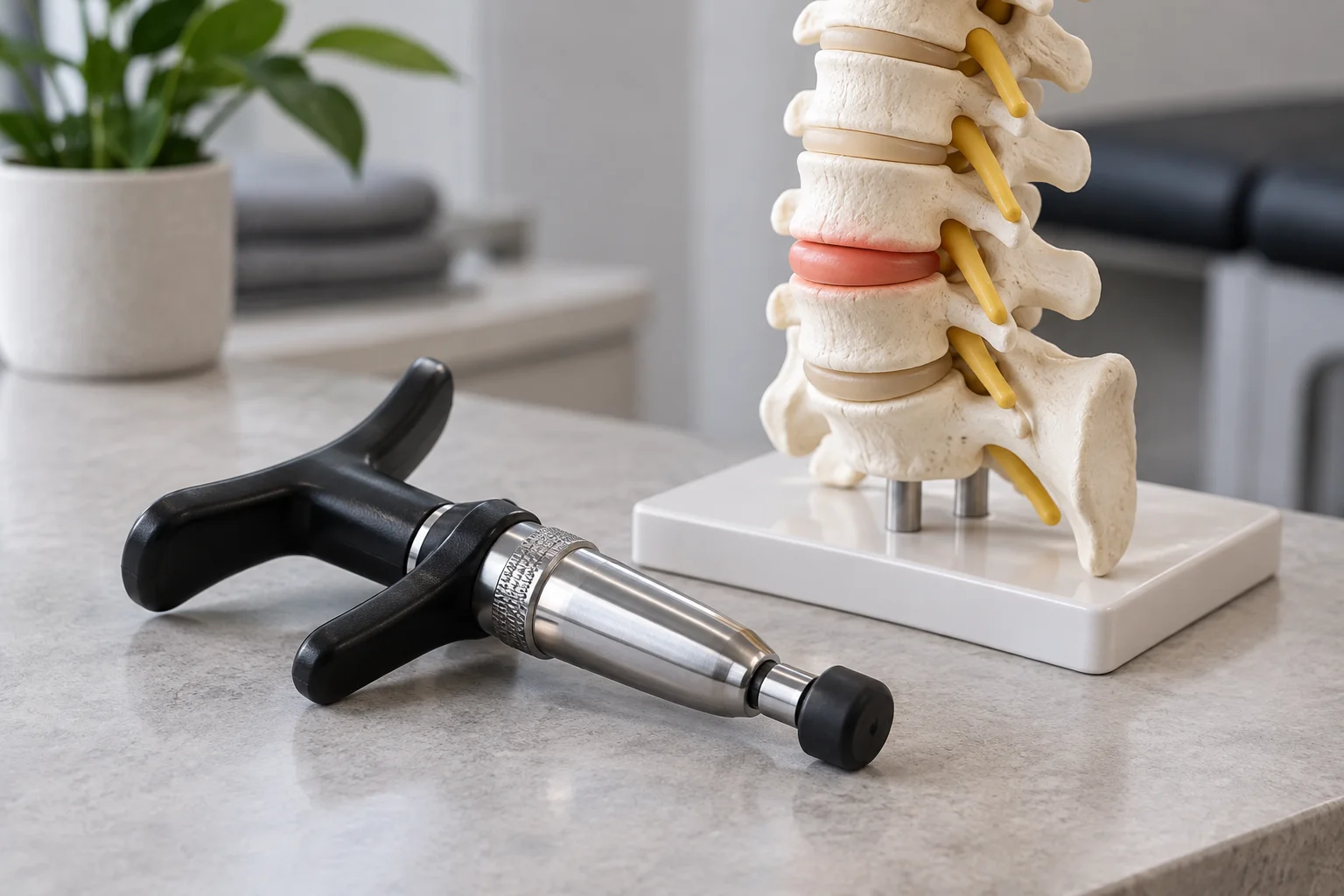 Activator adjusting instrument resting beside an anatomical spine model on a treatment table
