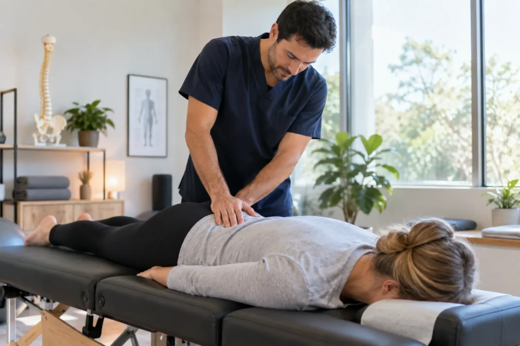 Chiropractor examining a patient's lower back for signs of a herniated disc in a bright clinic room