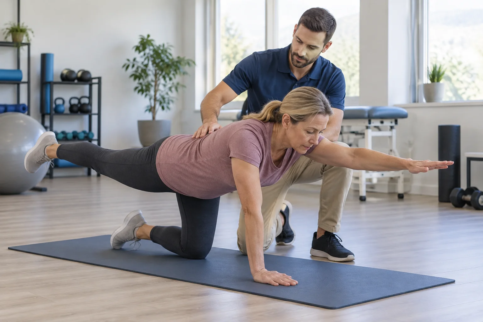 A physical therapist guiding a patient through a gentle core strengthening exercise for a herniated disc