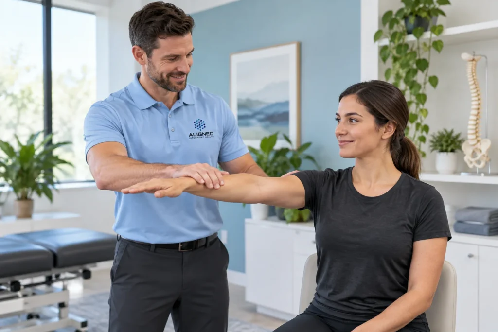 Chiropractor performing muscle testing on a patient's arm during an applied kinesiology assessment in a bright clinic