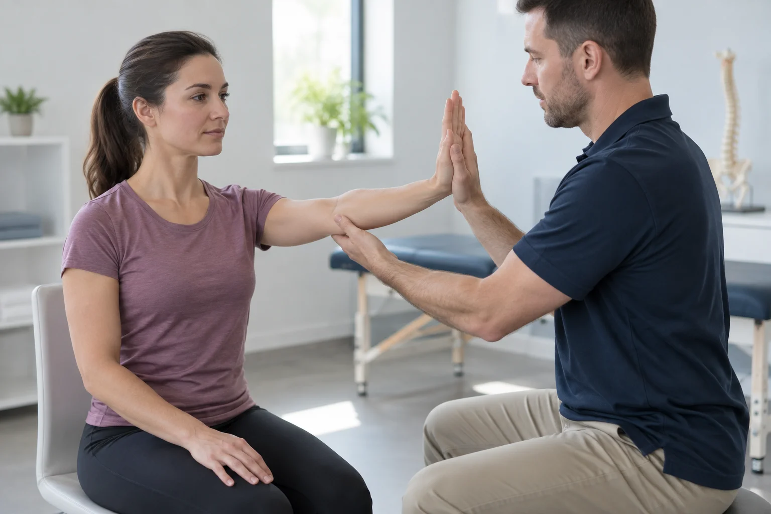 Close-up of a chiropractor performing manual muscle testing on a patient's raised arm in a clinic